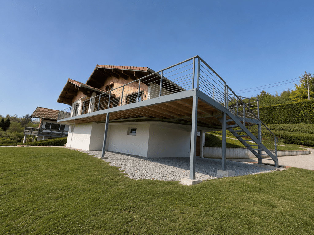 Mezzanine en alumnium avec garde-corps aluminium et platelage bois