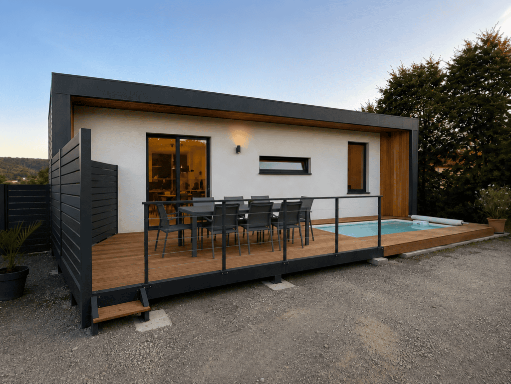 Terrasse sur structure aluminium et bois Cumaru avec garde-corps à Dole