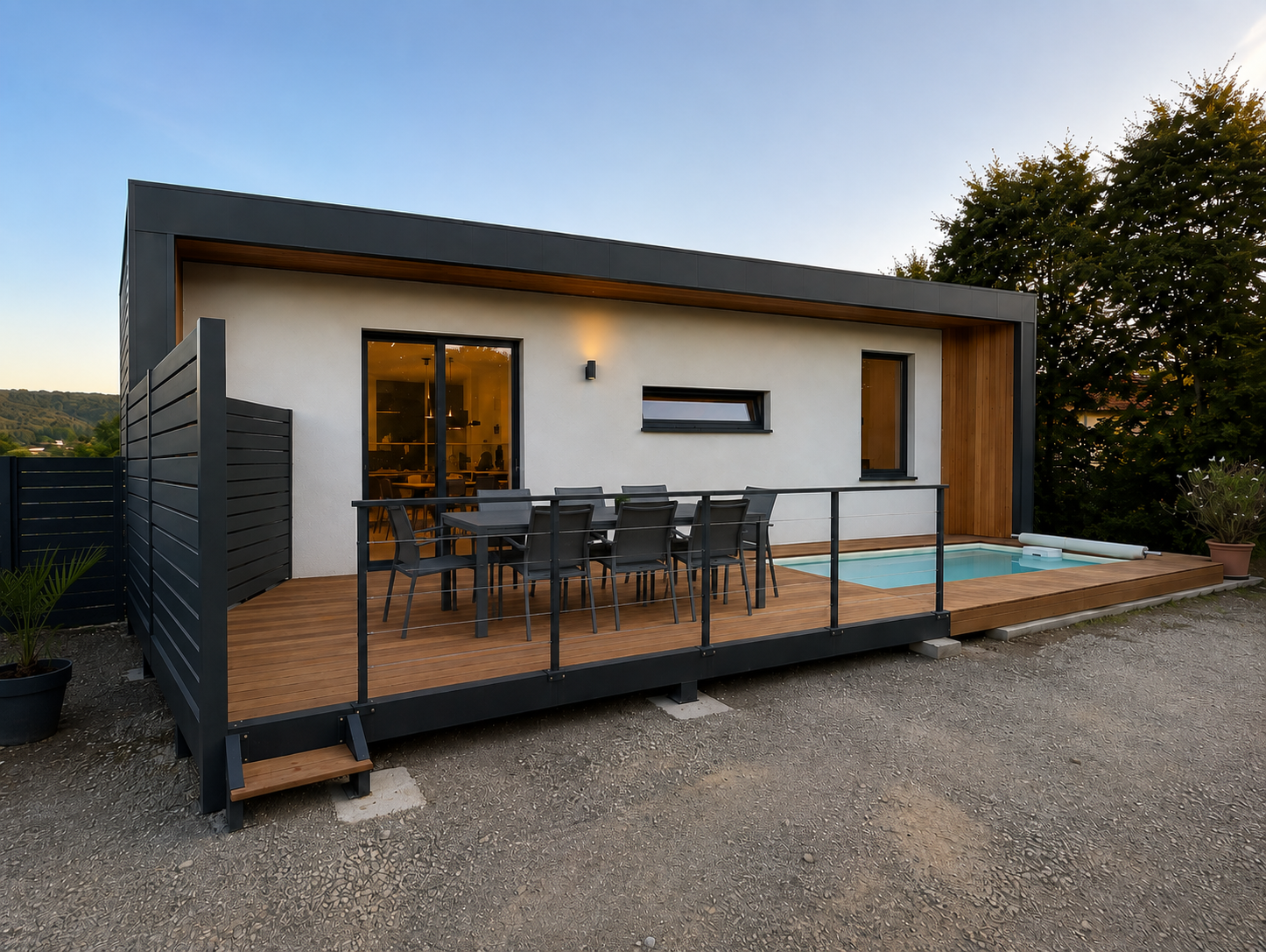 Terrasse sur structure aluminium et bois Cumaru avec garde-corps à Dole